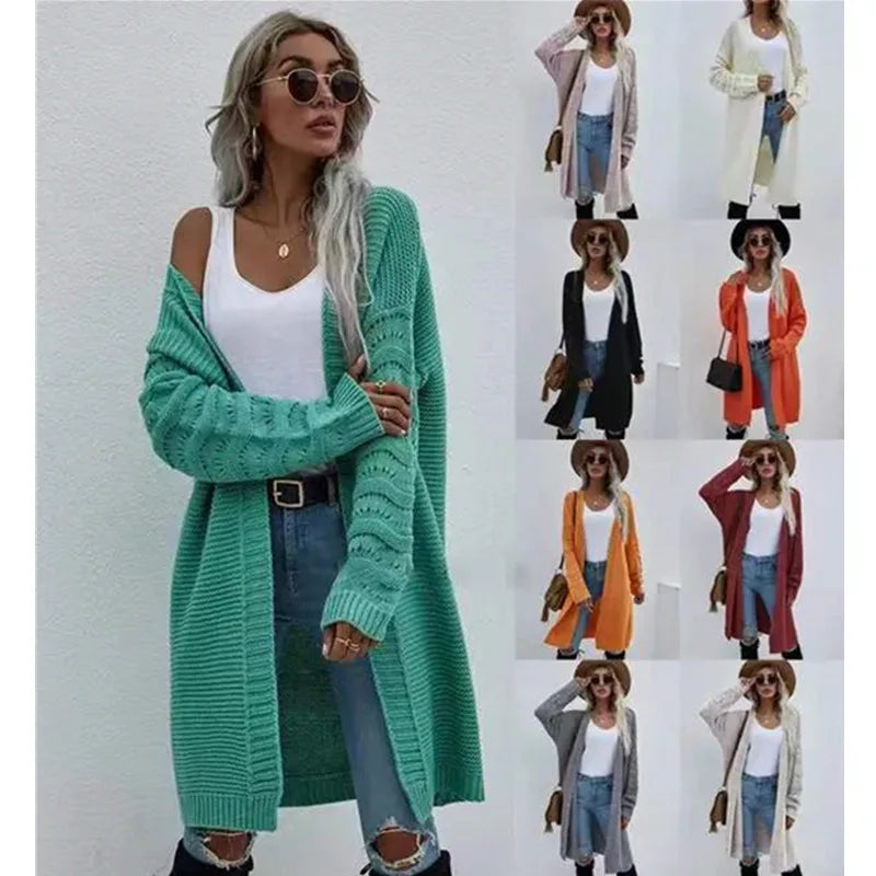 Long Cardigan Solid Color  and  Women's Spring and Autumn Knitted Fashion Sweater Outerwear  - reetell