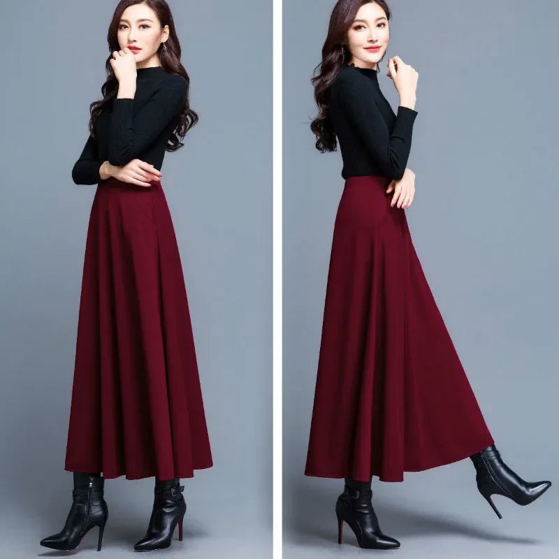 2024 Autumn and Winter Solid Color Woolen Skirt Big Hem A- Line Skirt High Waist Long Woman Skirts Mujer Faldas Saias Mulher - reetell