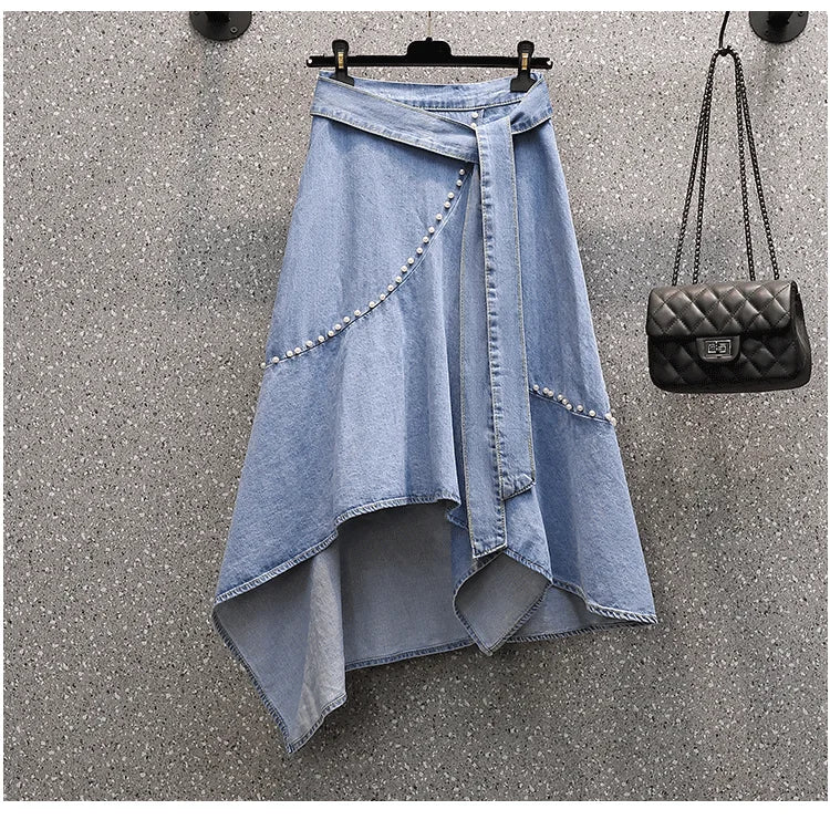 EHQAXIN Women's Casual Denim Skirt 2024 Summer New Simple Irregular Lace-Up Beaded Loose Denim Skirt Ladies Fashion Youth L-4XL - reetell