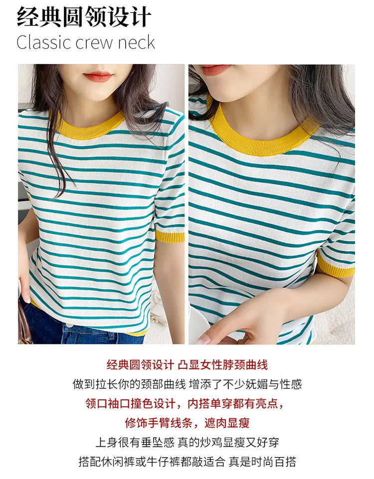 Short Sleeve T-shirts Women Striped Basic Chic Simple All-match Harajuku Retro Cotton O-neck Trendy Loose Leisure Cozy Womens - reetell