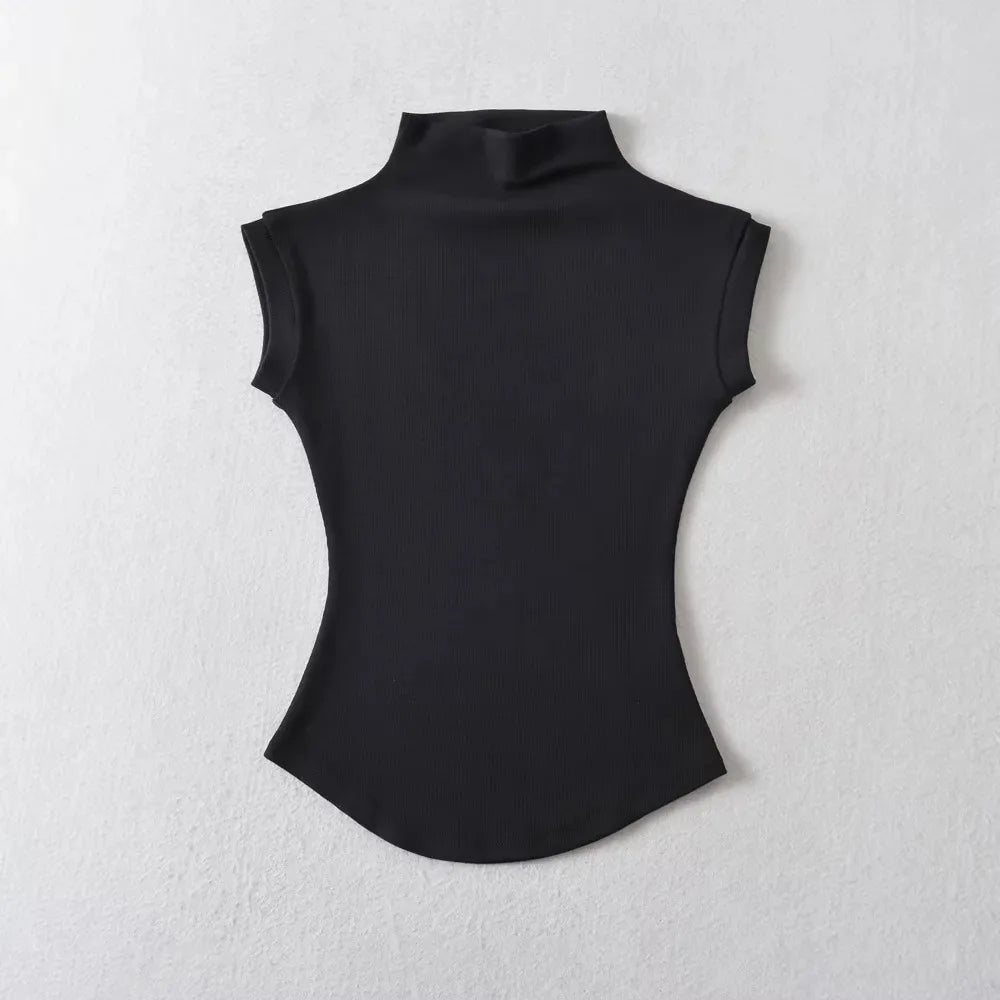 Women Summer Sexy Turtleneck Sleeveless T-Shirts Tops Solid Slim Fit Pullovers Causal Tees Shirts Female Streetwear Basics Tees - reetell