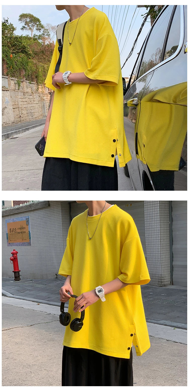 Plus Size 5XL-M Men's Side Slit T-shirt Solid Color t shirt Men Women Causal O-neck Basic Tshirt Male Oversized Tops 4 Colors - reetell