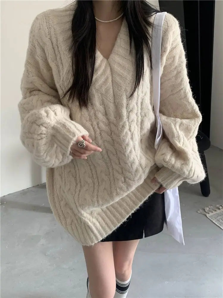 Women's Autumn and Winter Fashion Loose Outer Wear Lazy Style Niche Warm Knit Sweater Top - reetell