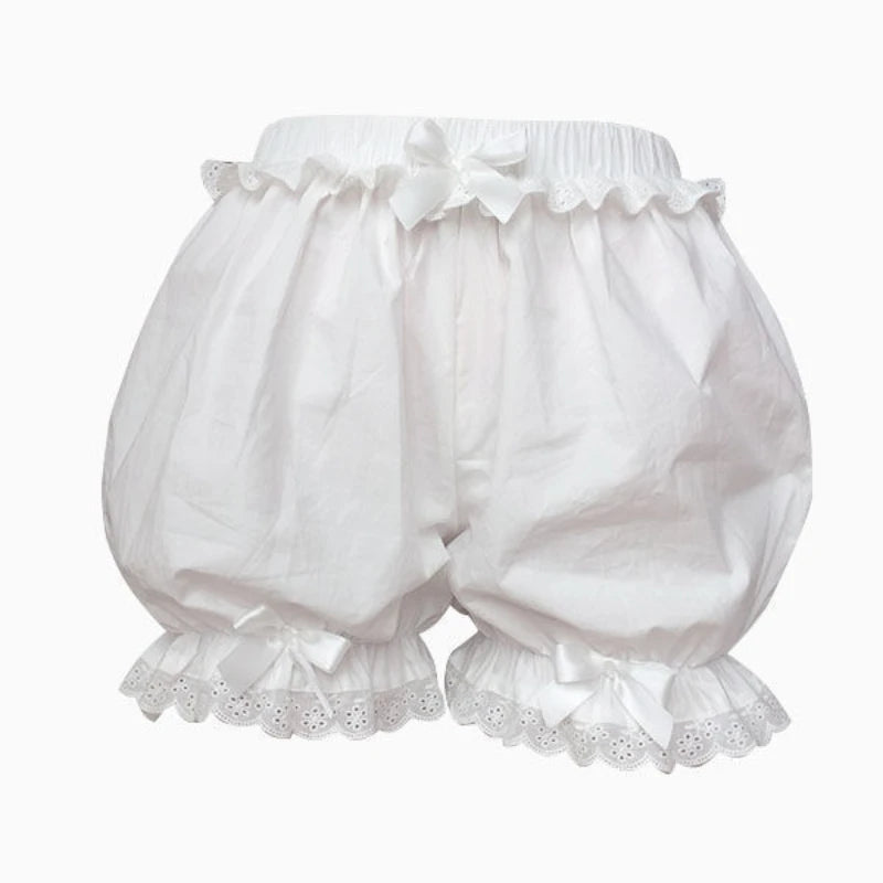 White Ruffles Knickers Women Girl Kawaii Panties Cute Lace Bowknot Lolita Safety Shorts Pants Elastic Vintage Victorian Bloomers - reetell