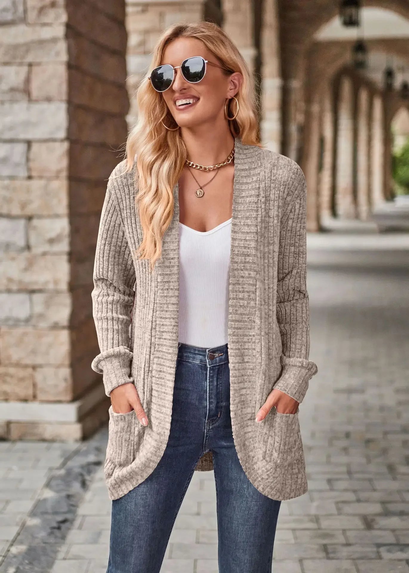 Women'S Spring And Autumn Solid Color Sweater Cardigan Fashion Pocket Cardigan Top Jacket Comfortable Soft Sweater Tienda Traf - reetell