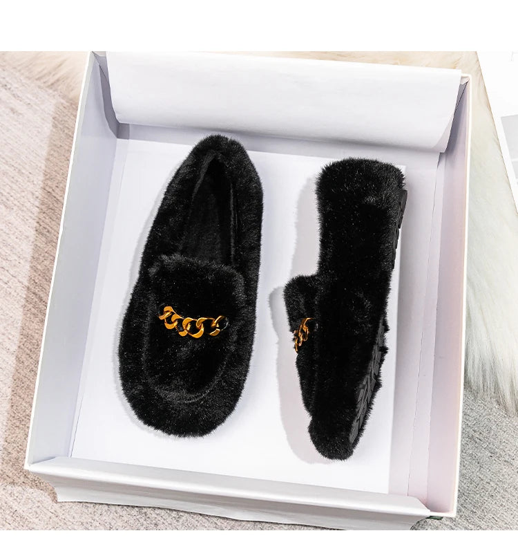 2023 winter women's outdoor plush warm shoes british style metal chain decoration snow boots boat shoes Ladies' casual flats - reetell