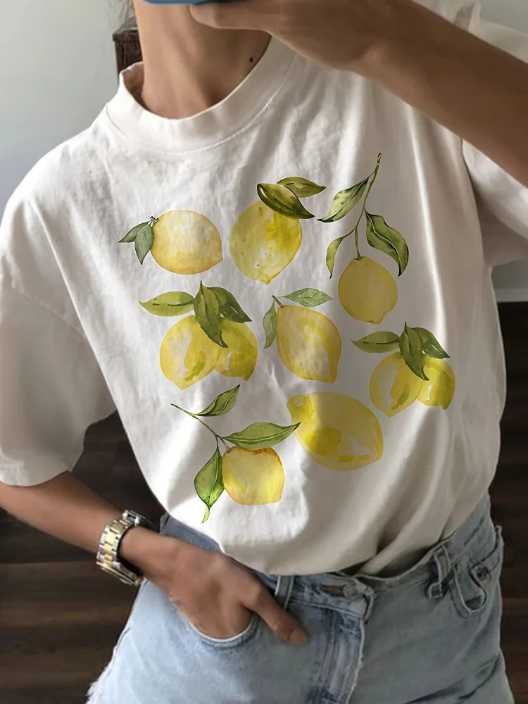 Cute Lemon Fruit T Shirt Short Sleeve Loose Botanical Tshirt Vintage Cottagecore Clothes Women Retro Aesthetic T-Shirts - reetell