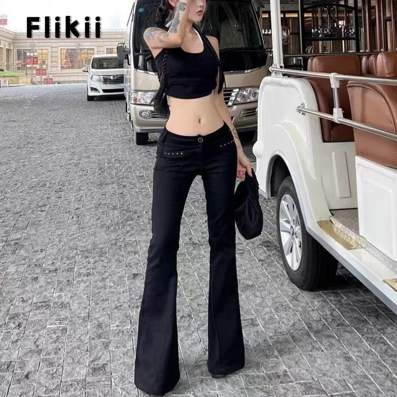 2024 Autumn Hotsweet Sheath High Waist Flared Jeans Female Retro Black Y2K Pants Women's Vintage Slim Sexy Style Denim Trouser - reetell