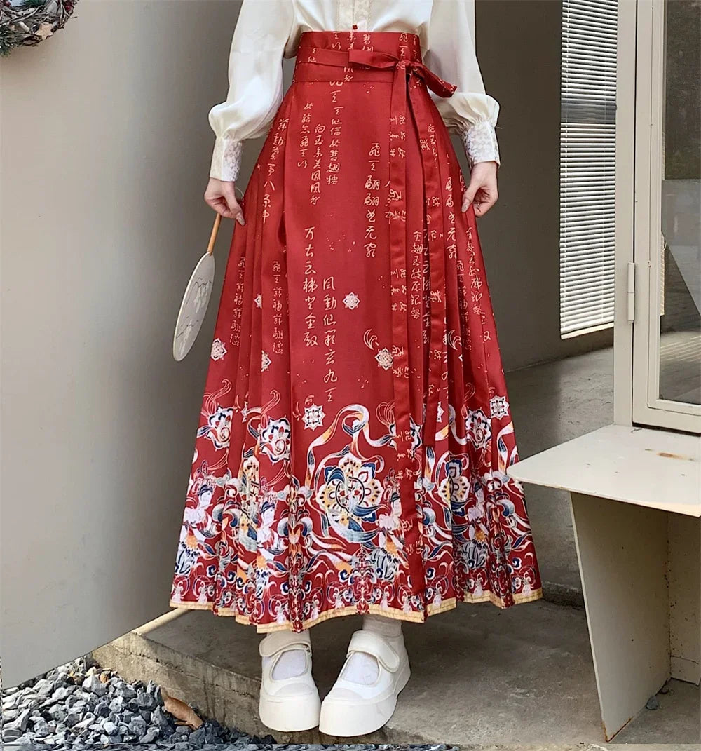 Maxi Chinese Style Horse Face Skirts Women Hanfu Vintage Harajuku Saia Casual Long Print Pleated Skirt Woman Clothing Faldas - reetell