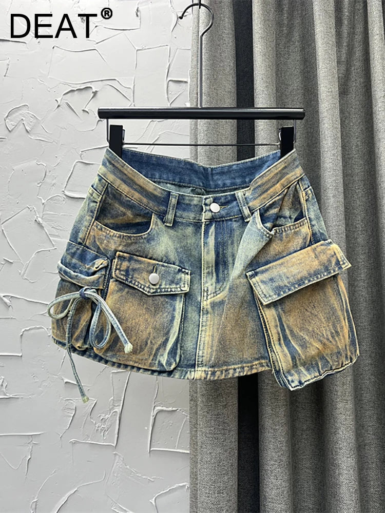 DEAT Women's Denim Skirts Multiple Pockets Patchwork Washed Lace-up Cargo A-line Mini Skirt 2024 Autumn New Fashion 29L3411 - reetell