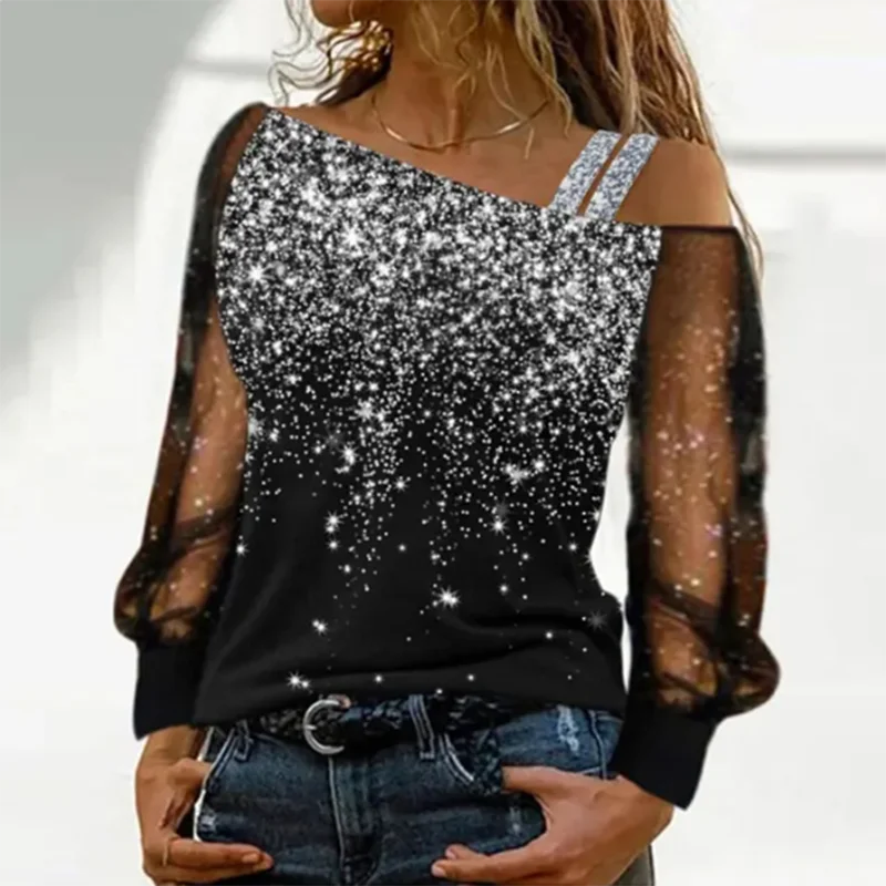 Silver Shoulder Strap Transparent Sleeves Sequins Blouse Women's Sexy T-shirt Christmas Tree Printed Long Sleeved Top - reetell