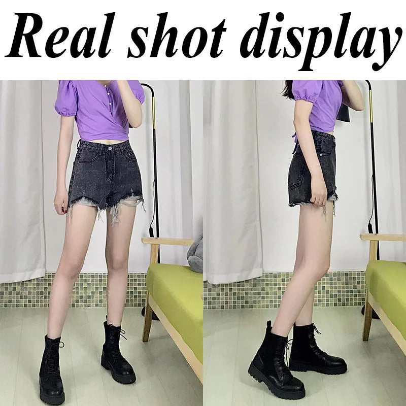 Lucyever Summer Denim Shorts Women Korean Fashion Ripped Holes High Waist Short Jeans Female Casual Street Wide Leg Short Pants - reetell