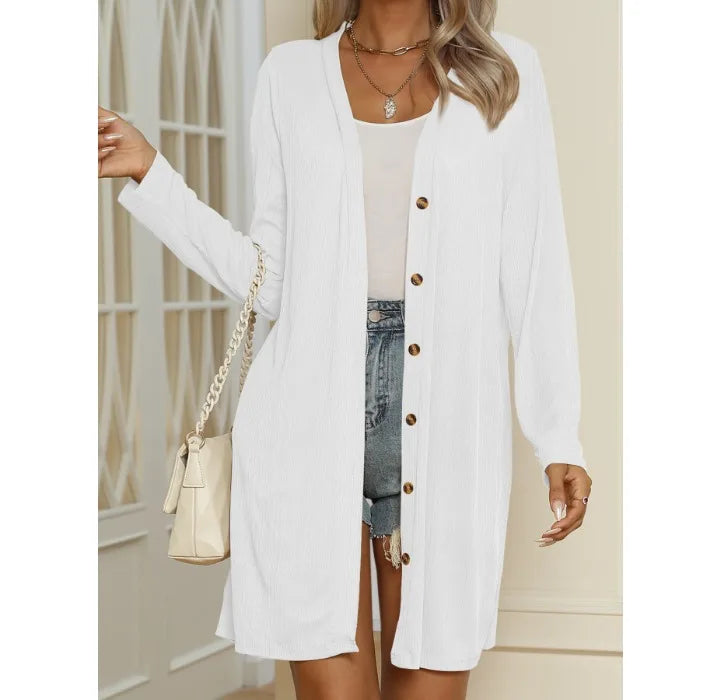 Autumn and Winter Long White Cardigan Women Sweater 2023 Fashion Single Breasted Loose Fitting Button Solid Color Casual Coat - reetell