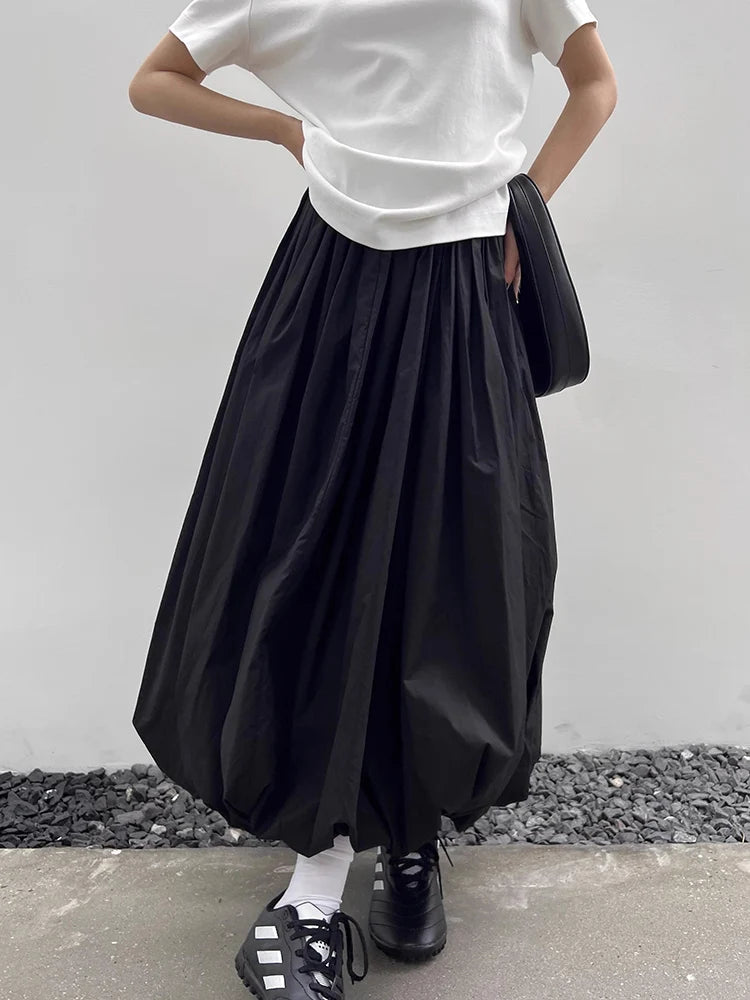 HOUZHOU Long Skirt Women Elegant Solid Elastic Waist A-line Vintage Korean Fashion Loose Balloon Maxi Skirt Casual Streetwear - reetell