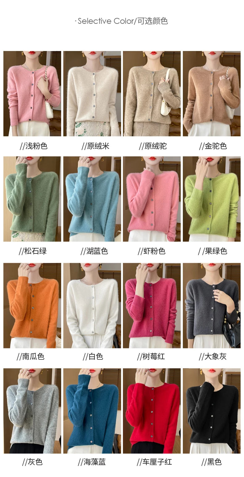 100% Merino Wool Long Sleeve Sweaters Cashmere Cardigan Spring Autumn Women O-Neck Knitwear Tops Clothing Fashion Basic Tops - reetell