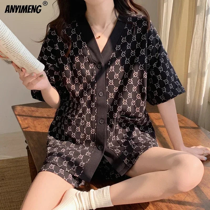 Korean Pajamas Set for Women Summer Loungewear Sleepwear Girls Sweet Lapel Pyjama Kawaii Bear Printed Pijamas Japanese Home Suit