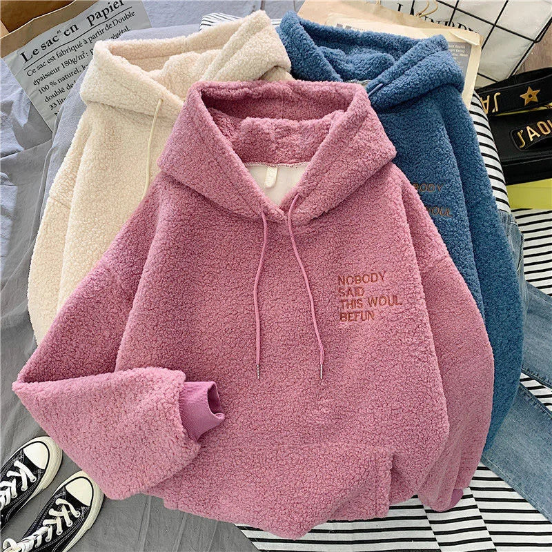 Fleece Hooded Sweatshirt Women Padded Thickened Warm Long Sleeve Pullover Preppy Style Casual Letters Winter Female Coat - reetell