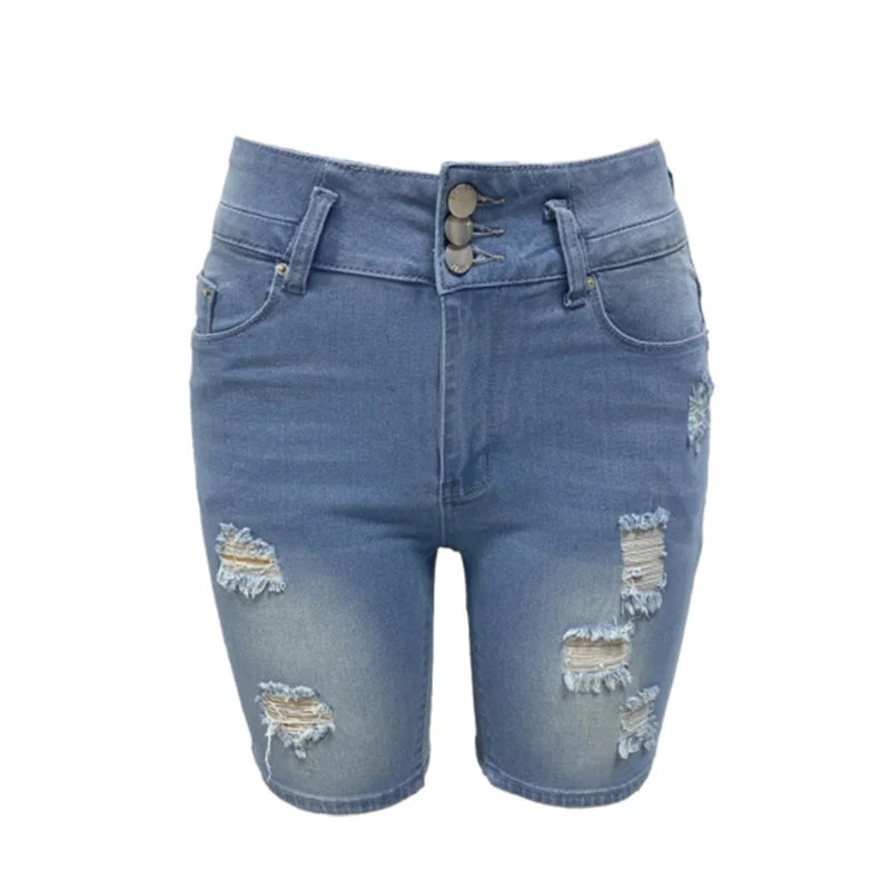 Fashion Slim Sexy Hip Lift Denim Shorts Women Three Buttons Splice High Waist Three Quarter Pants Female Broken Holes Mini Jeans - reetell