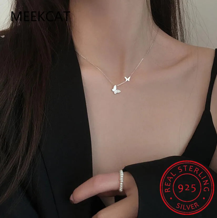 Big Small Two Butterfly Cubic Zirconia 925 Sterling Silver Clavicle Chain Necklace For Women Ladies Korean Dainty Jewelry