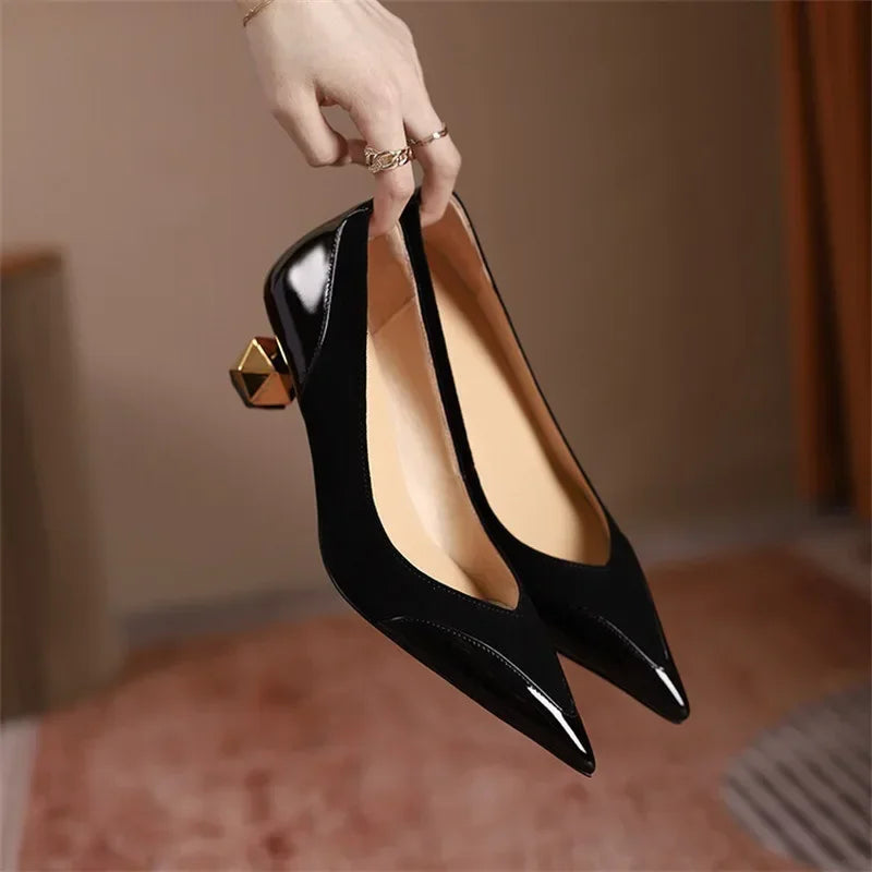 Middle Heel High Heels Women 2023 Spring Autumn Korean Fashion Splicing Pointed Shallow Shaped Heel Thick Single Shoes for Women