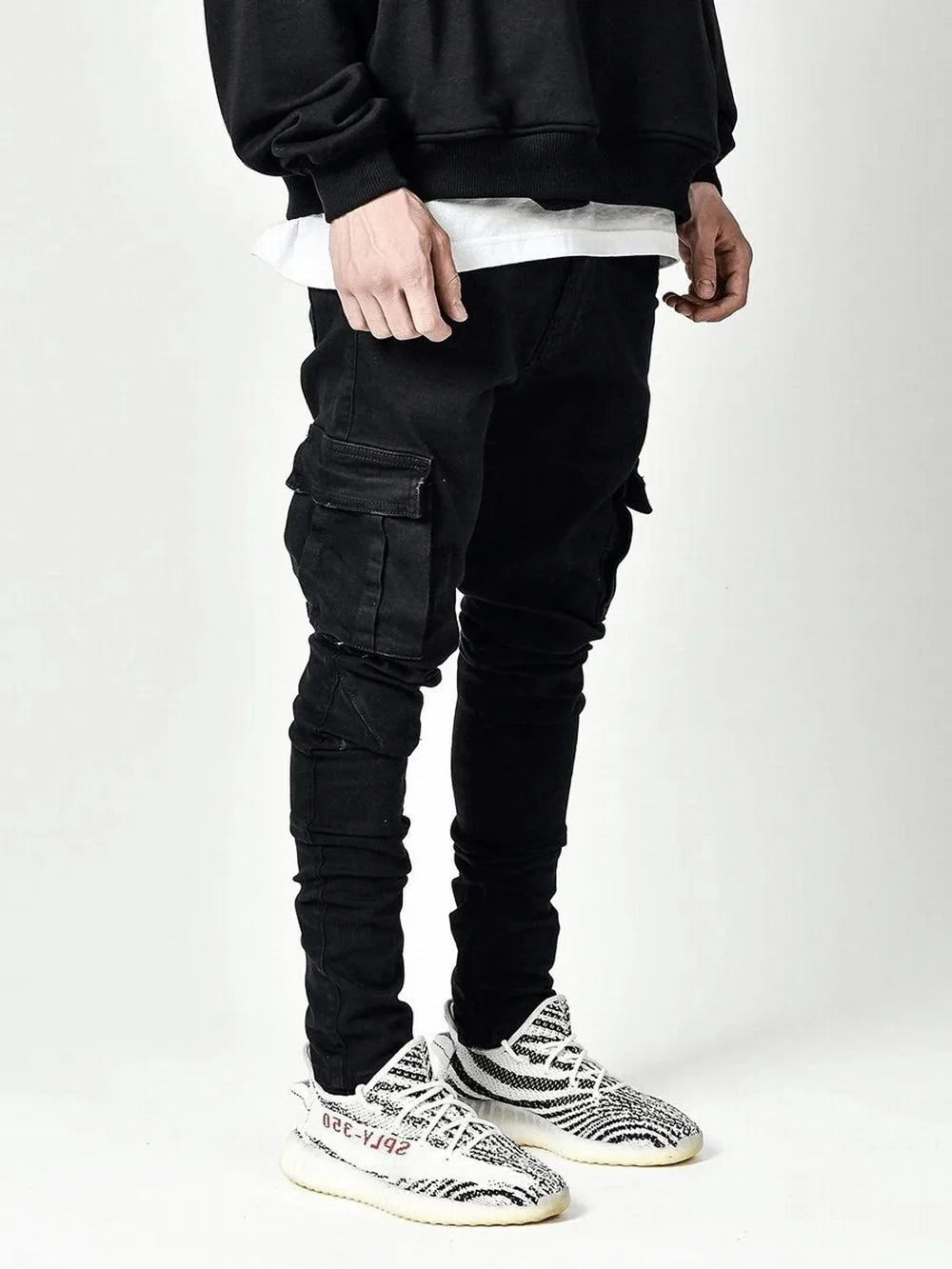 Fashion Streetwear Ripped Skinny Jeans Men Side Mulit Pockets Denim Cargo Pants Slim Fit Pantalones Hombre Soft Elastic Joggers - reetell