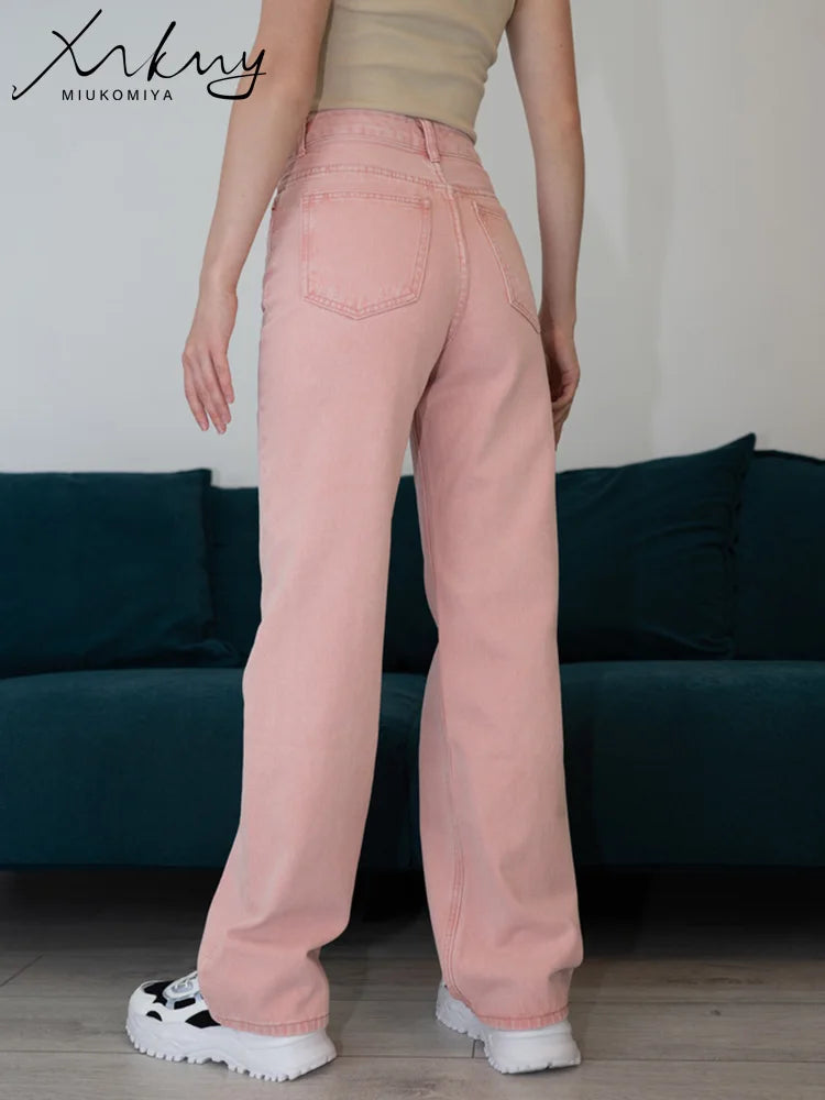 MiuKoMiYa Wide Leg Pink Jeans For Women High Waist Gray Full Denim Pants Straight Vintage Jean Women 2023 Fashion Denim Trousers - reetell