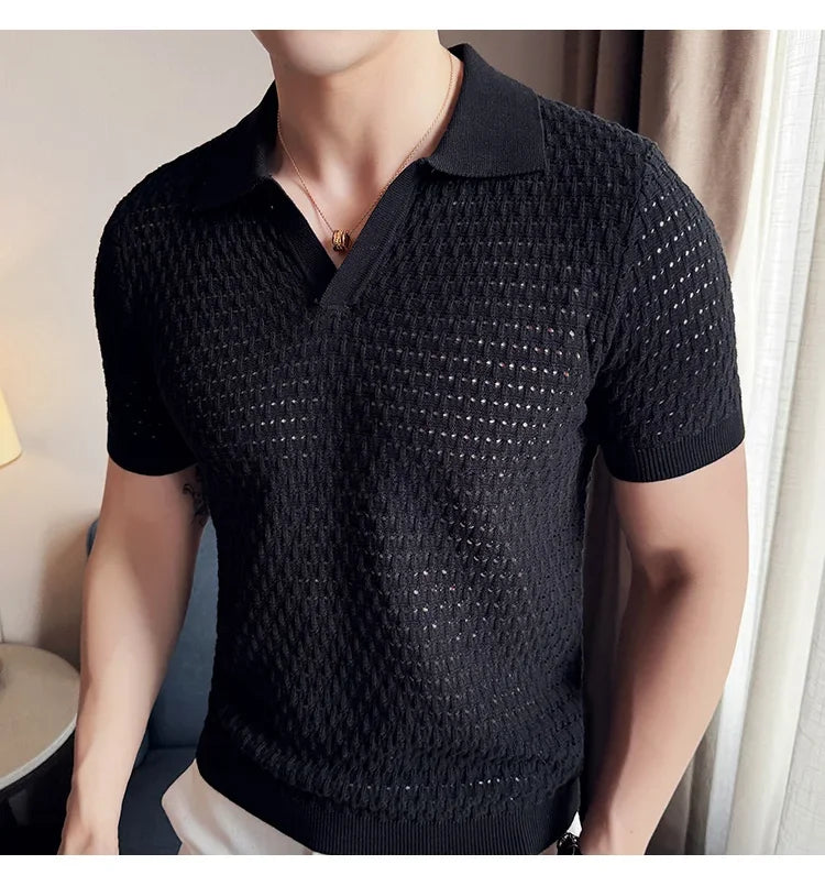 Men's Polo Shirt 2024 Summer New Light and Thin Knitted Hollow Solid Color Casual Short Sleeved V-neck T-shirt Men's Clothing