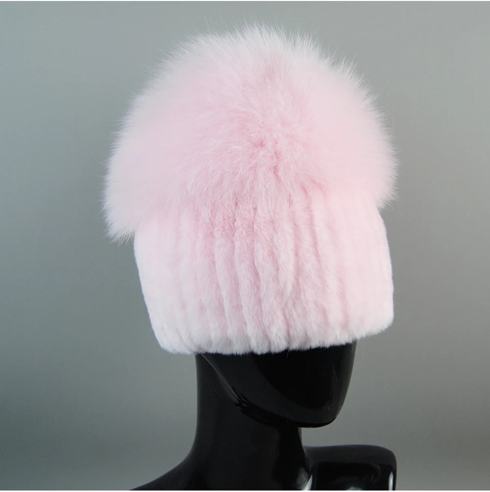 2024 Lady Winter Real Fur Hats Women Warm Knitted Genuine Rex Rabbit Fur Hat Top Natural Fox Fur Bomber Caps Rex Rabbit Fur Cap - reetell