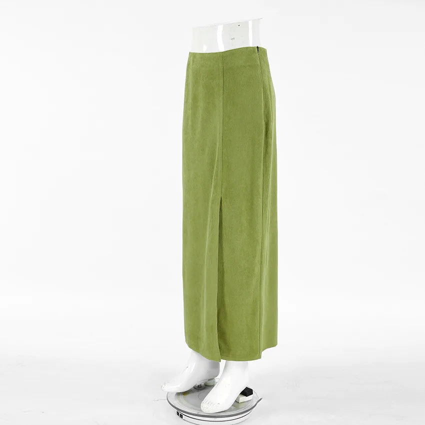 Fashion High Waisted Suede Straight Leg Skirt Women Spring Autumn Green Elegant Split Ziped Slim Mid Length Skirts Female New - reetell