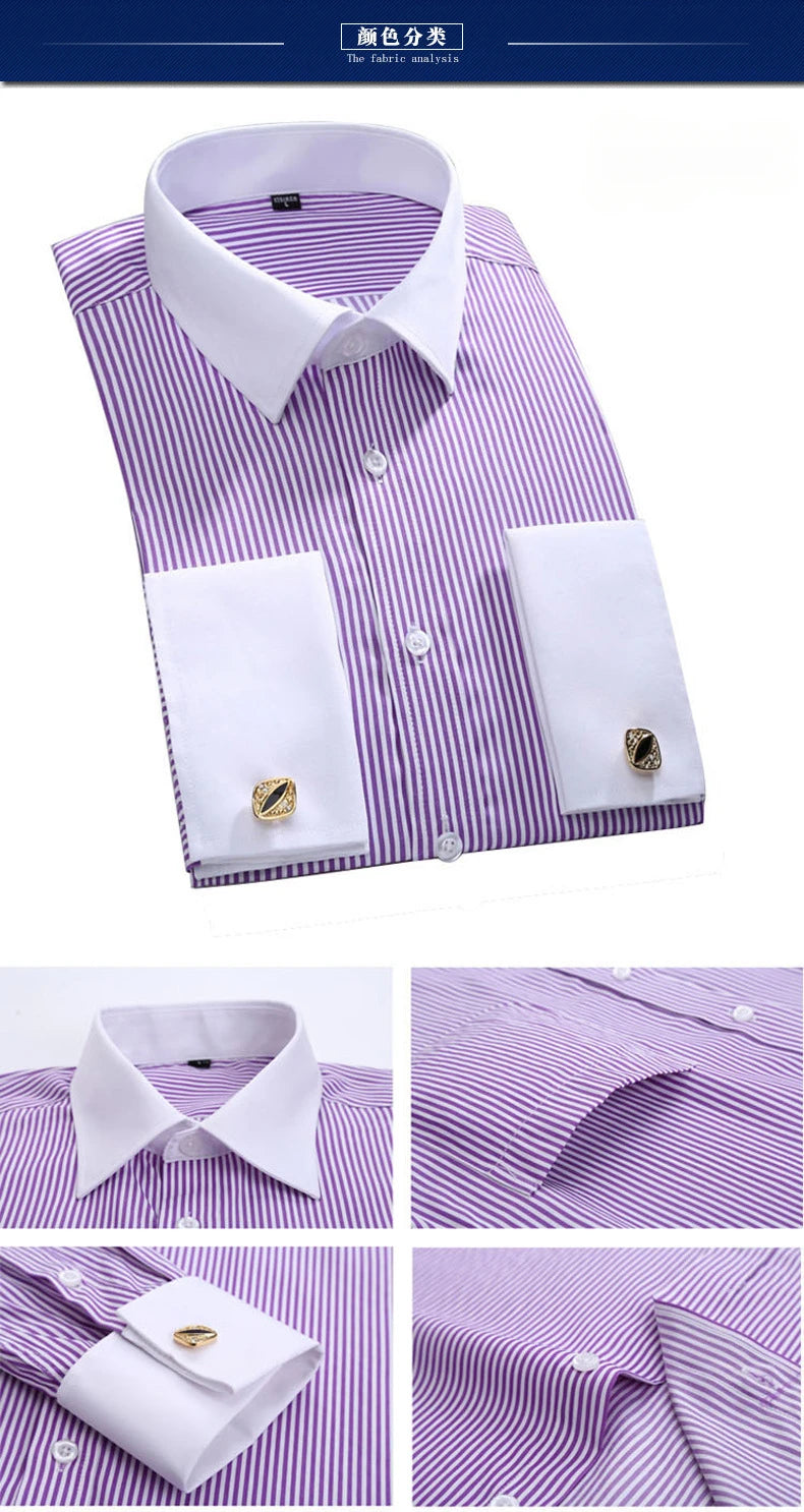 M~6XL Men's French Cuff Dress Shirt 2024New White Long Sleeve Formal Business Buttons Male Shirts Regular Fit Cufflinks Shirt - reetell