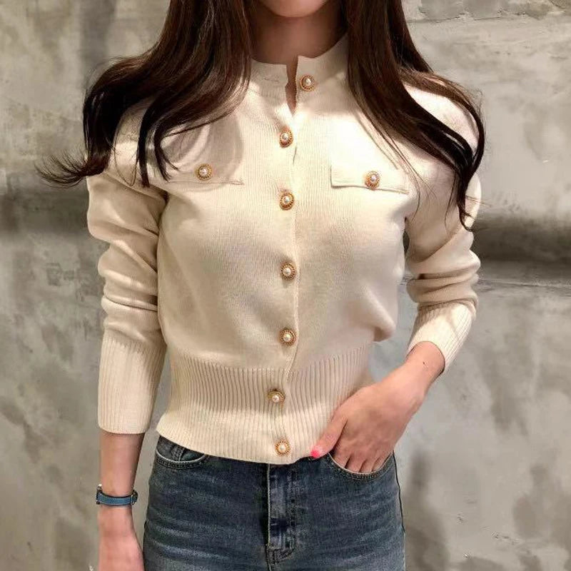 Zoki Fashion Women Cardigan Sweater Spring Knitted Long Sleeve Short Coat Casual Single Breasted Korean Slim Chic Ladies Top - reetell