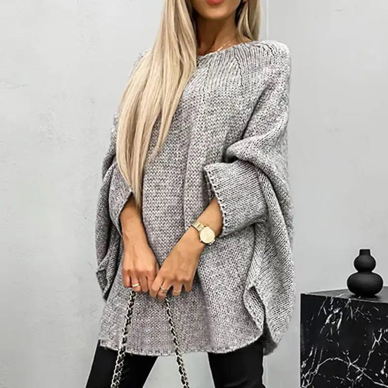 Women’s Sweater Tops Casual Knitted Long Sleeve Cape Sweater Solid Color Knitted Pullover Cape Round Neck Shawl Crochet Sweater - reetell