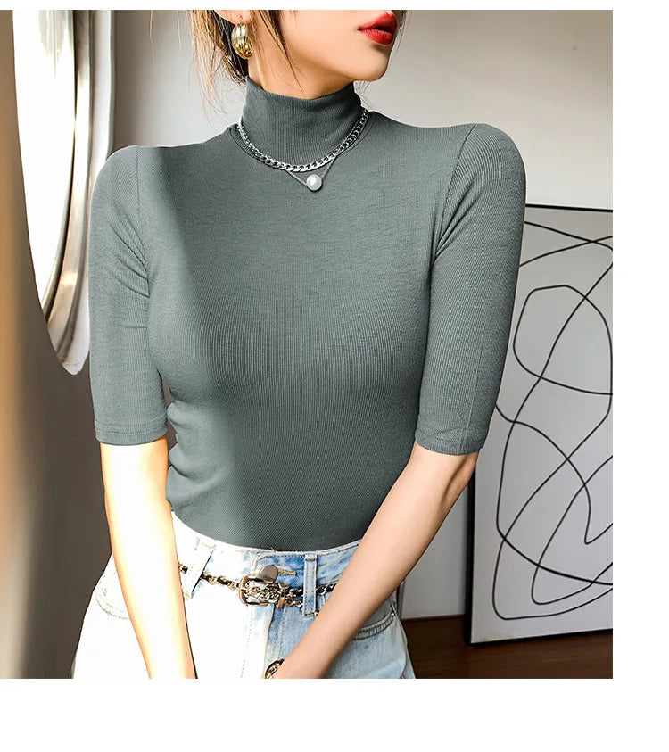 Basic Cotton T Shirt Women Turtleneck Slim Tshirt Short Sleeve T-shirts Female Casual Elasticity White Tee Shirt Femme Woman Top - reetell