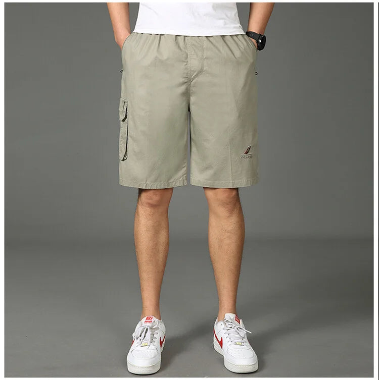 2024 Shorts Men Bermuda Cotton Pocket Zip Cargo Shorts Fashion Style Elastic Army Male Summer Casual Knee Length Vintage Yellow - reetell