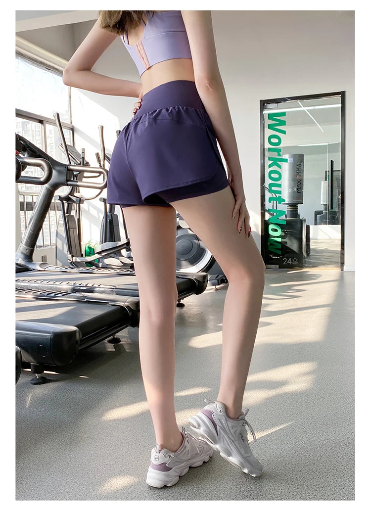 Gym Sport Shorts Women Elastic High Waist Short Pants With Pockets Fake Two Pieces Yoga Leggings Running Training Shorts - reetell