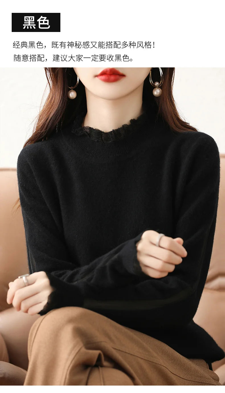 Lace collar Cashmere Elegant Women Sweater Knitted  Pullovers  Loose Soft Female Knitwear Jumper - reetell