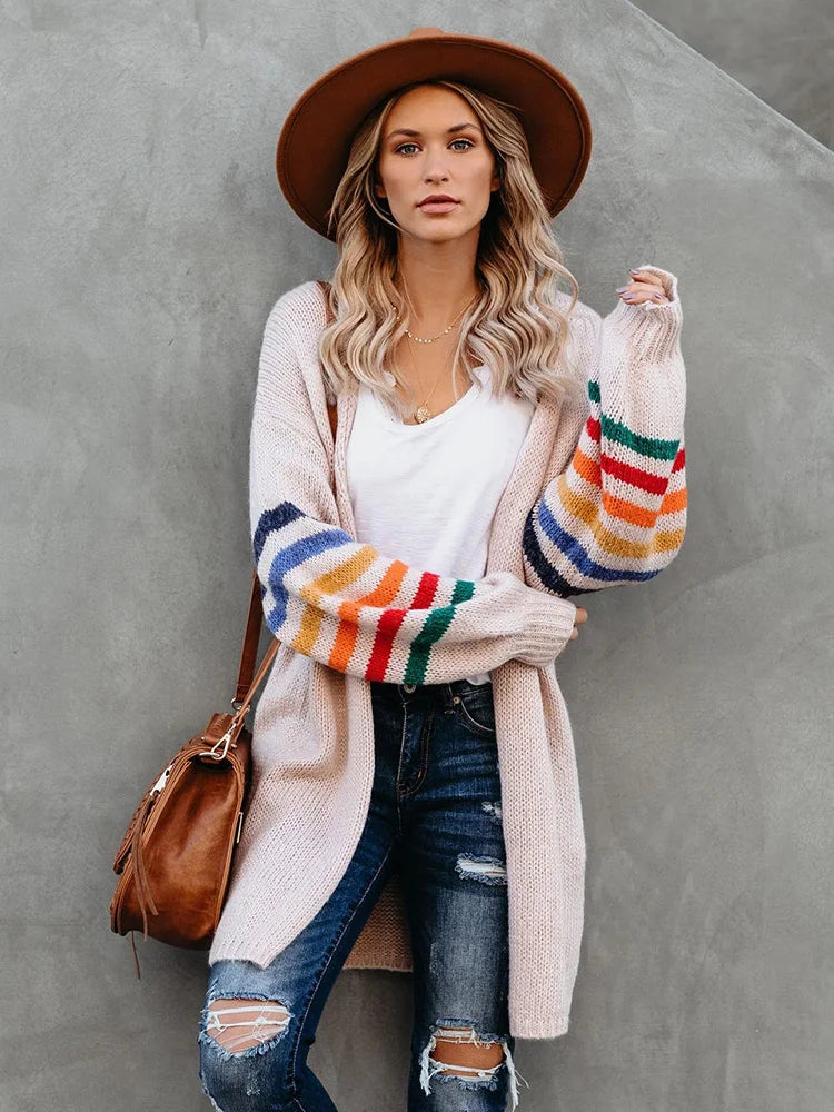 Fitshinling Rainbow Striped Boho Cardigan Winter Long Coat Female Knitwear Pink Slim Sweaters Cardigans For Women Clothes 2022 - reetell