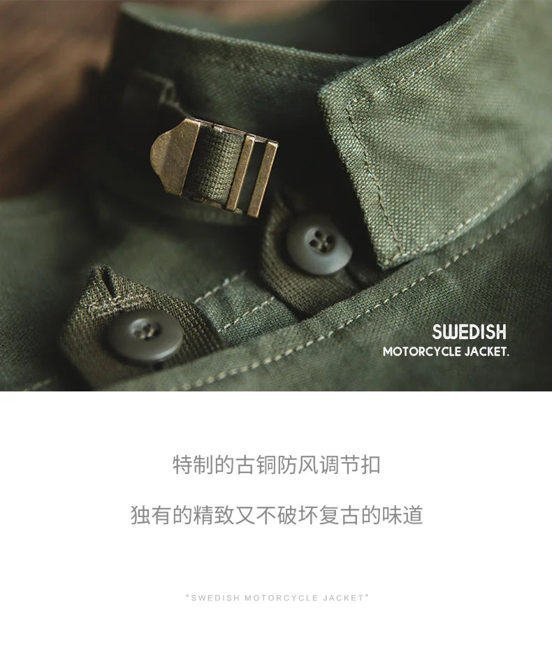 Maden Green Retro bomber Jackets Misplaced Oblique Buckle Swedish Motorcycle Men's AMEKAJI Cotton Autumn Winter Coat - reetell