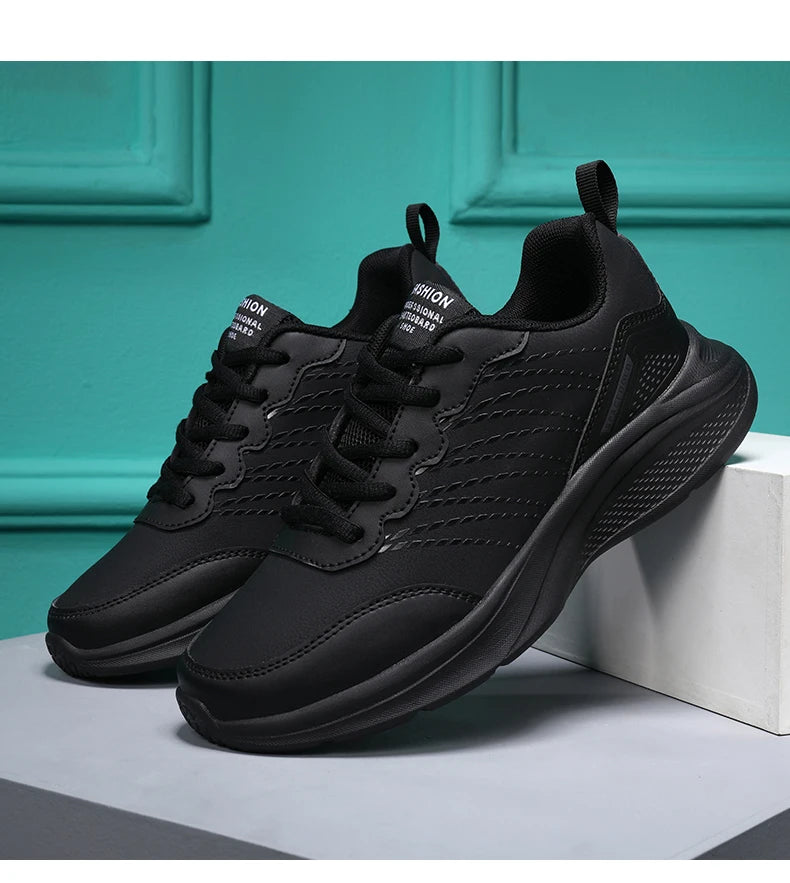 Waterproof Leather Chunky Sneakers for Women, Running Shoes, Casual Sports Shoes, Black Trainers, Autumn, Spring