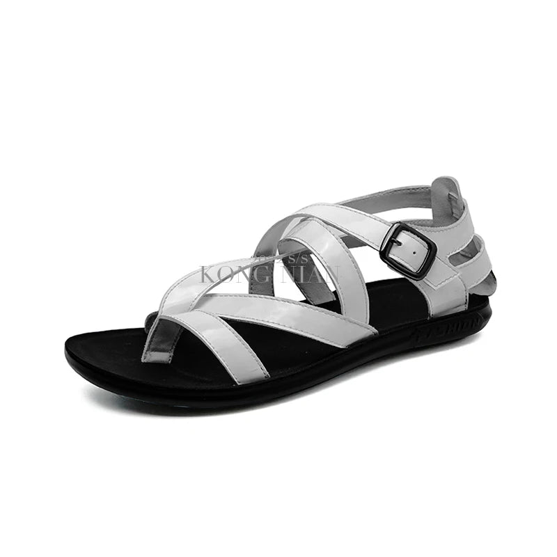 Rome Style Men Leather Sandals Cross Strap White Solid Men 2022 Summer Beach Shoes Size 38-45 Daily Casual Outdoor Driving