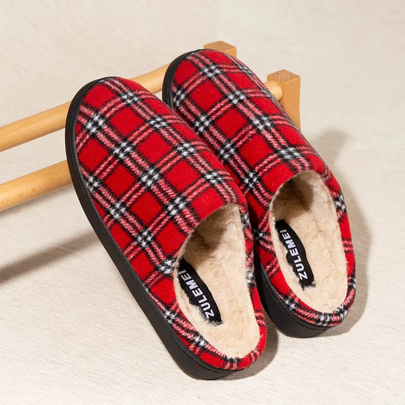 New Men's Striped Warm House Fleece Cozy Non-slip Plaid Cotton Mops Couples Slippers Winter Soft Indoor Bedroom Couples Shoes