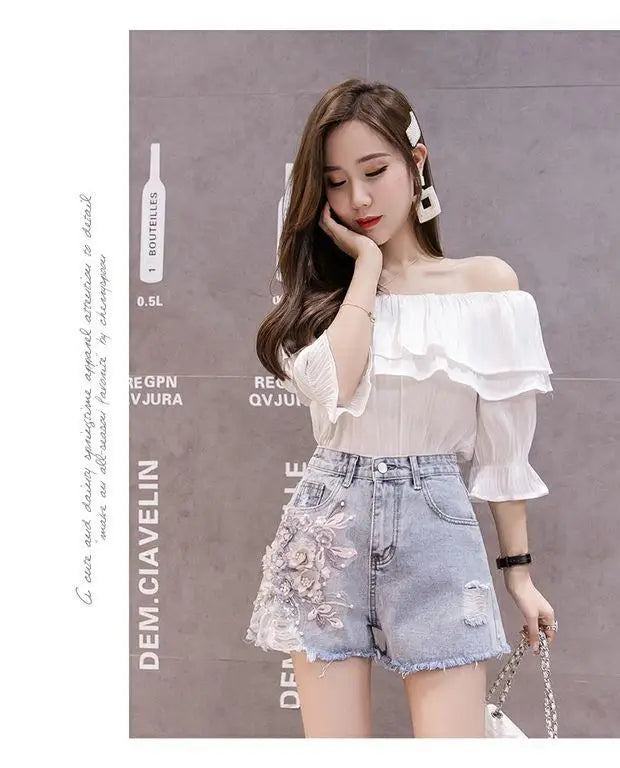 Denim Shorts Women's Latest Summer Outfit Wearing Loose European Fitting Versatile Slim High Waisted Perforated Short Jean Pants - reetell