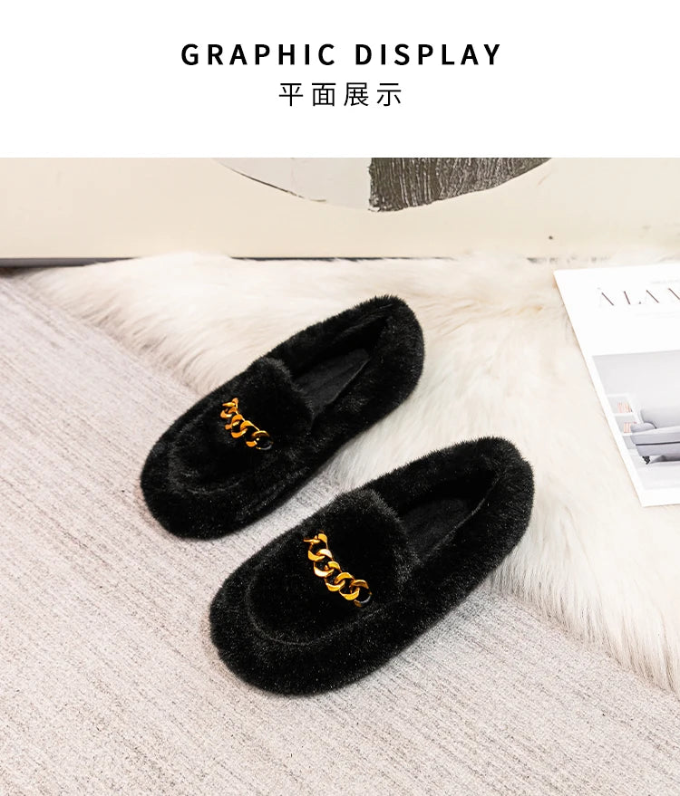 2023 winter women's outdoor plush warm shoes british style metal chain decoration snow boots boat shoes Ladies' casual flats - reetell