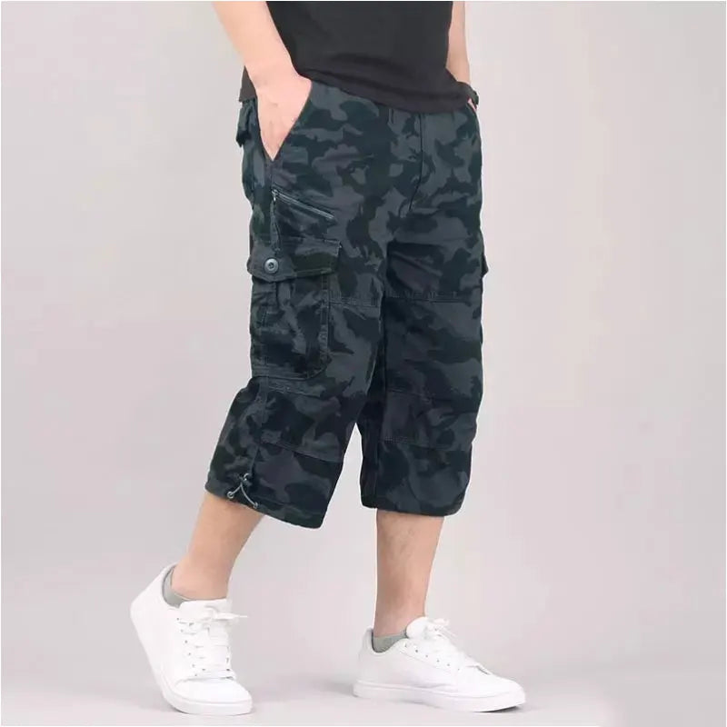 Knee Length Cargo Shorts Men's Summer Loose Casual Cotton Multi Pockets Breeches Capri Short Jogging Camouflage Tactical Shorts