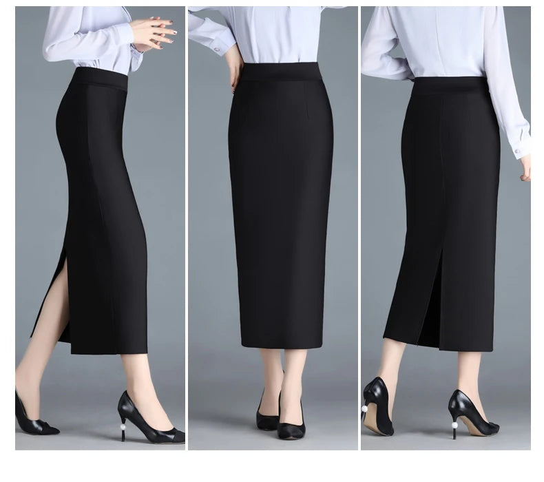 Stretch Pencil Skirts for Women, Office Lady, Formal Black Midi Skirts, Elegant Female Package Hip Skirts, Spring and Autumn - reetell