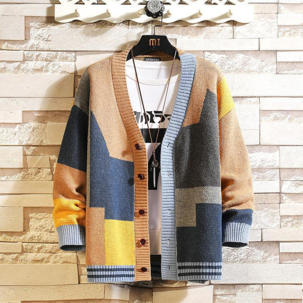 The new men's colorful sweater cardigan splicing V-neck knitwear large size jacket - reetell