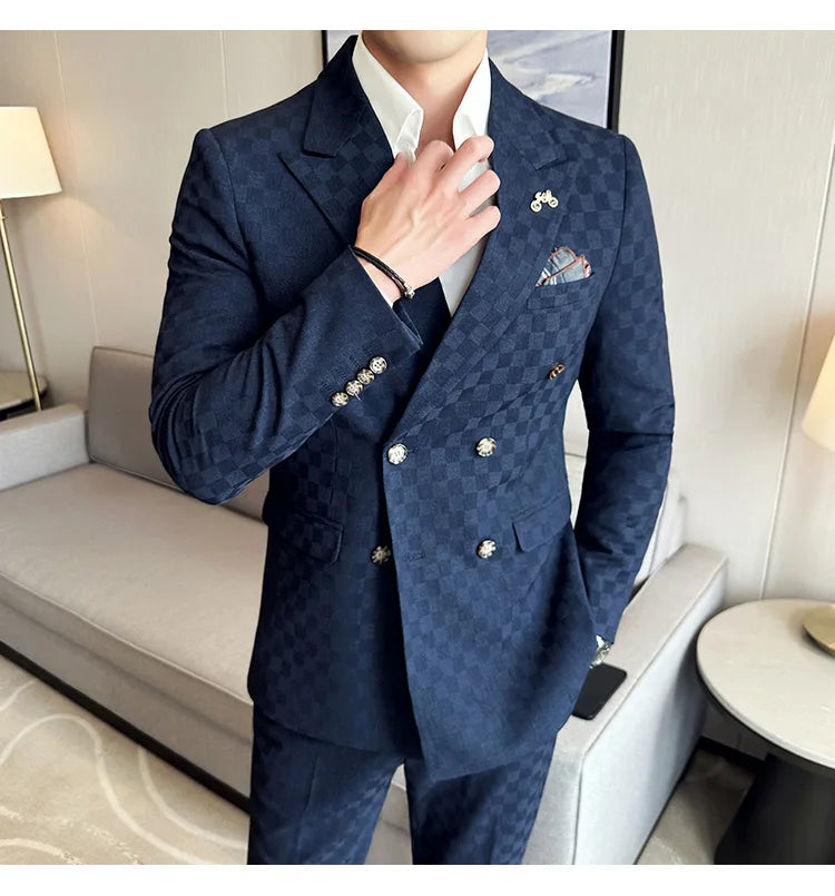 (Jacket+Pants) 2 Pieces Blue Apricot Business Party Men Suits Double Breasted Formal Style Custom Made Wedding Groom Tuxedos - reetell