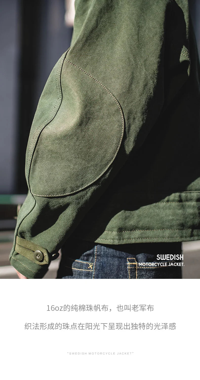 Maden Green Retro bomber Jackets Misplaced Oblique Buckle Swedish Motorcycle Men's AMEKAJI Cotton Autumn Winter Coat - reetell