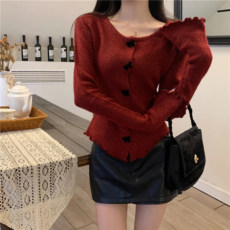 Women's Ruched Long Sleeve Cropped Cardigan V Neck Button Down Knit Lady Autumn Winter Knitted Single-breasted Cardigan Sweaters - reetell