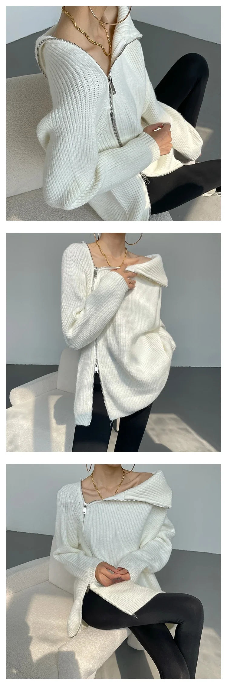 2023 Winter Women's Turtleneck Zipper Oversize Fashion Sweaters Autumn New Knitwears Loose Thick Warm High Neck Solid Pullovers - reetell